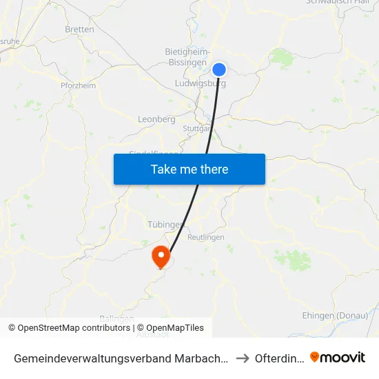 Gemeindeverwaltungsverband Marbach am Neckar to Ofterdingen map