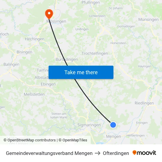 Gemeindeverwaltungsverband Mengen to Ofterdingen map