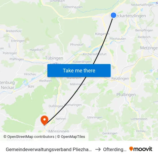 Gemeindeverwaltungsverband Pliezhausen to Ofterdingen map