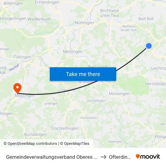 Gemeindeverwaltungsverband Oberes Filstal to Ofterdingen map