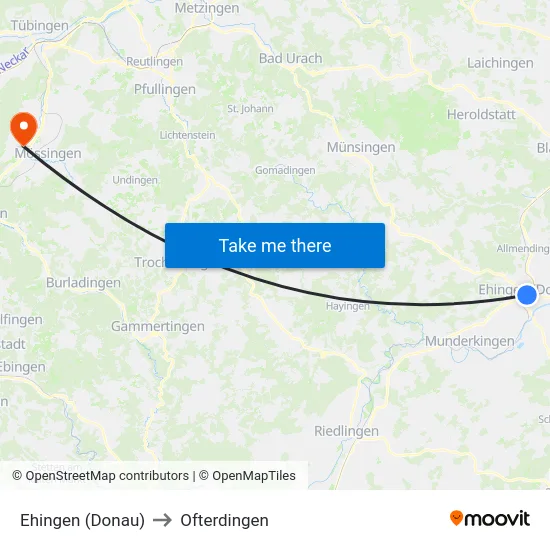Ehingen (Donau) to Ofterdingen map
