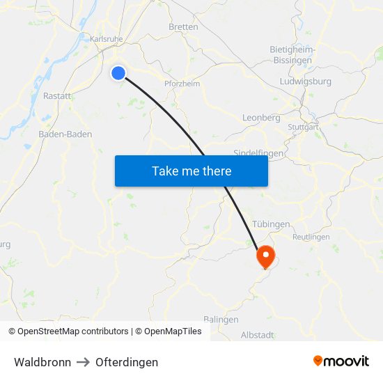 Waldbronn to Ofterdingen map