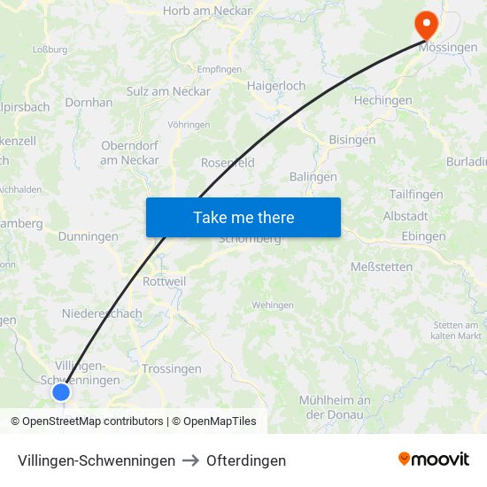 Villingen-Schwenningen to Ofterdingen map