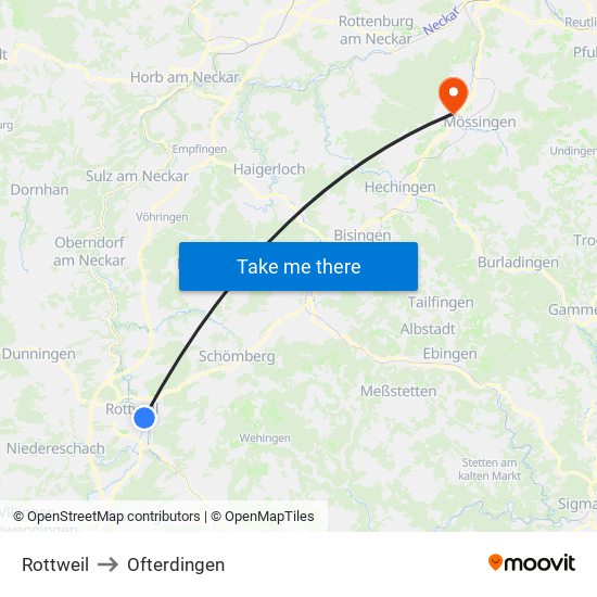 Rottweil to Ofterdingen map