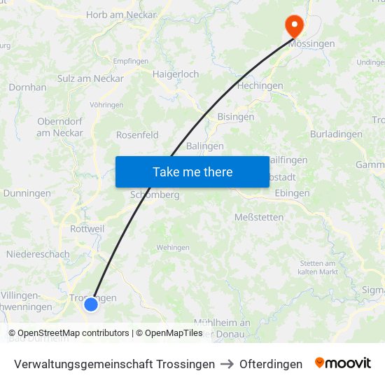 Verwaltungsgemeinschaft Trossingen to Ofterdingen map