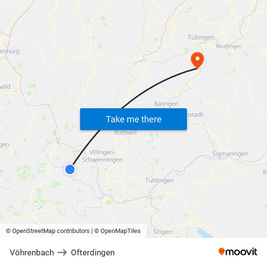 Vöhrenbach to Ofterdingen map