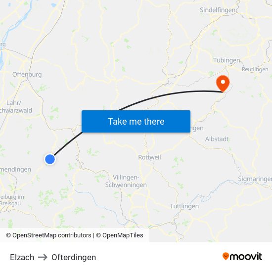 Elzach to Ofterdingen map