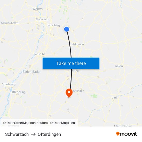Schwarzach to Ofterdingen map
