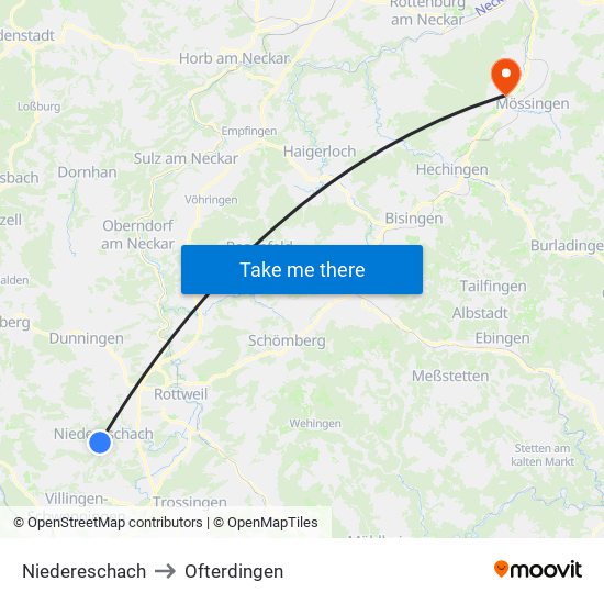 Niedereschach to Ofterdingen map