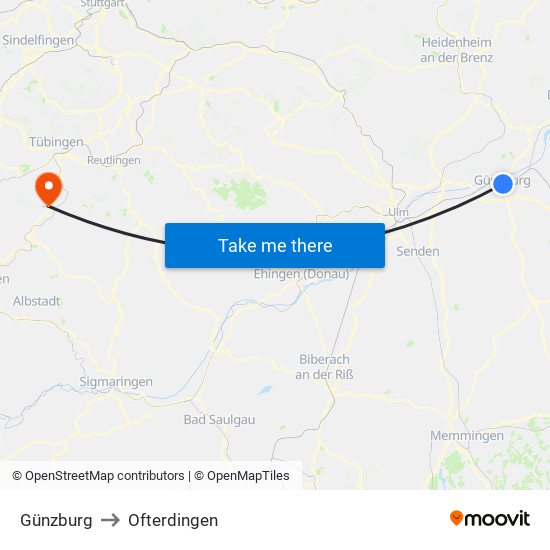 Günzburg to Ofterdingen map