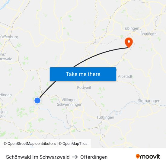 Schönwald Im Schwarzwald to Ofterdingen map