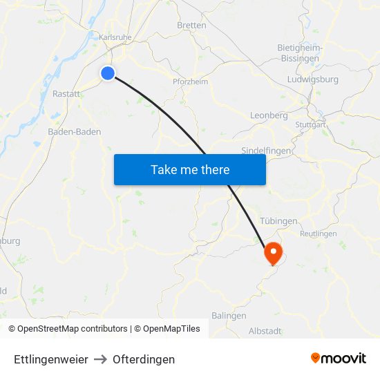 Ettlingenweier to Ofterdingen map