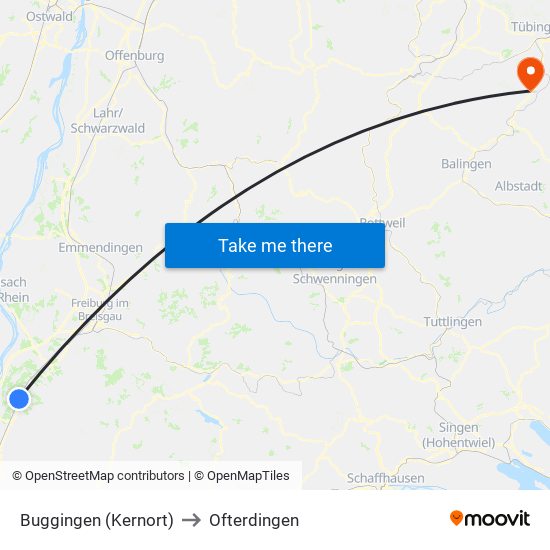 Buggingen (Kernort) to Ofterdingen map