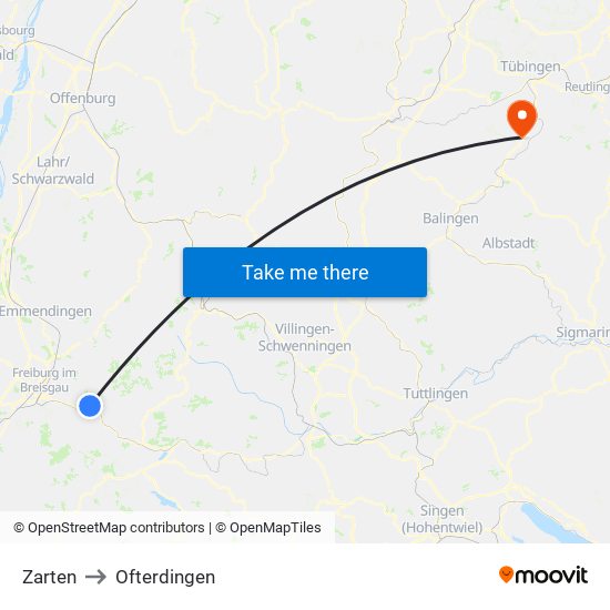 Zarten to Ofterdingen map