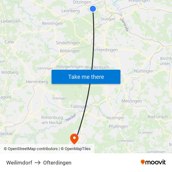 Weilimdorf to Ofterdingen map
