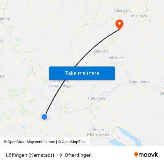 Löffingen (Kernstadt) to Ofterdingen map