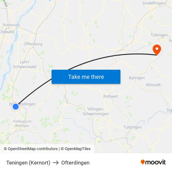 Teningen (Kernort) to Ofterdingen map