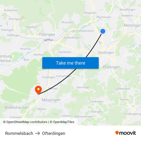 Rommelsbach to Ofterdingen map