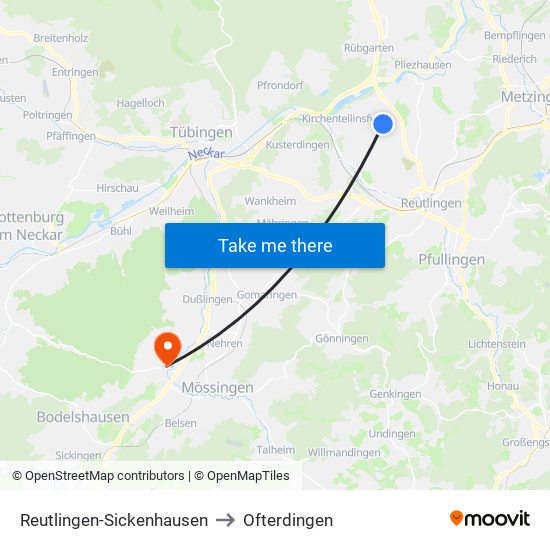 Reutlingen-Sickenhausen to Ofterdingen map