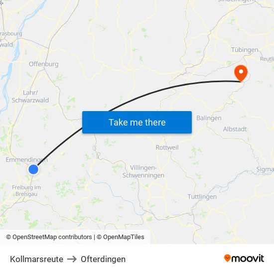 Kollmarsreute to Ofterdingen map