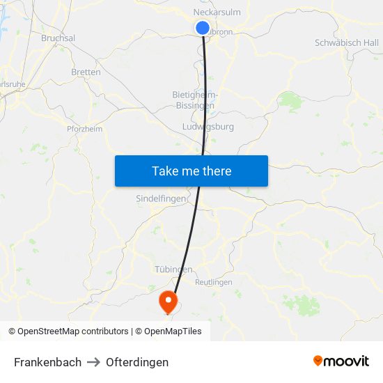 Frankenbach to Ofterdingen map