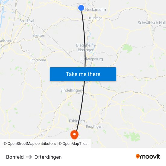 Bonfeld to Ofterdingen map