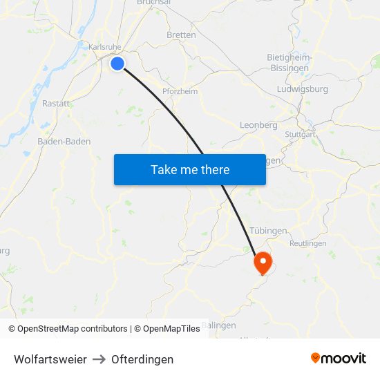 Wolfartsweier to Ofterdingen map