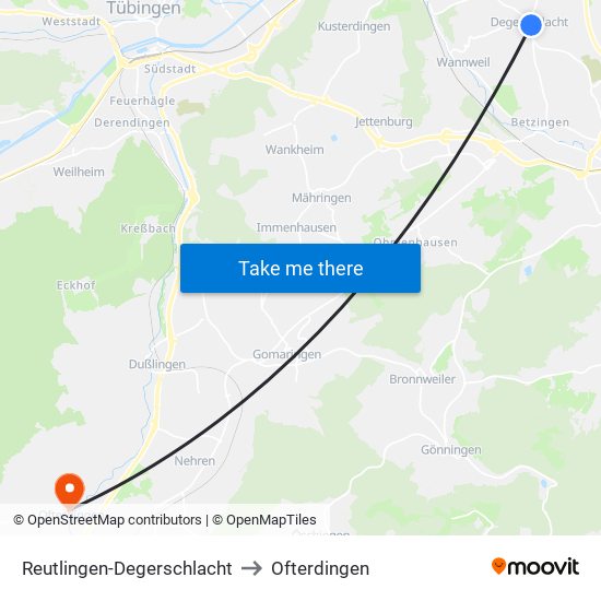 Reutlingen-Degerschlacht to Ofterdingen map