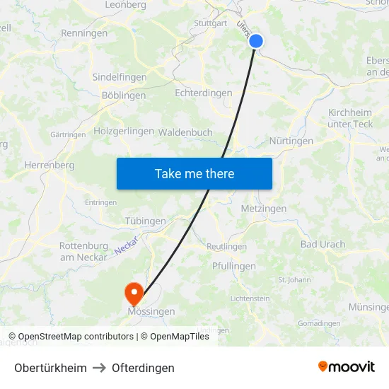 Obertürkheim to Ofterdingen map