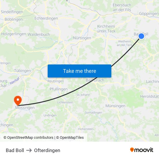 Bad Boll to Ofterdingen map