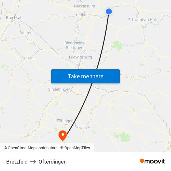 Bretzfeld to Ofterdingen map