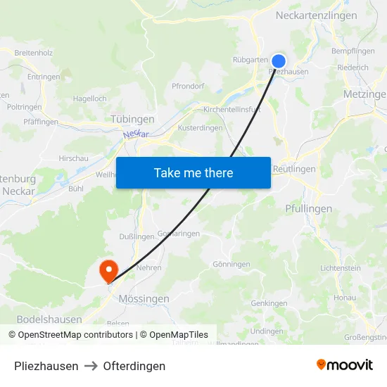 Pliezhausen to Ofterdingen map