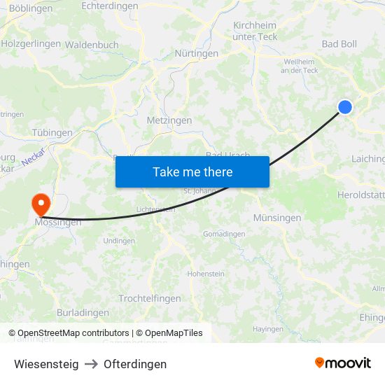 Wiesensteig to Ofterdingen map