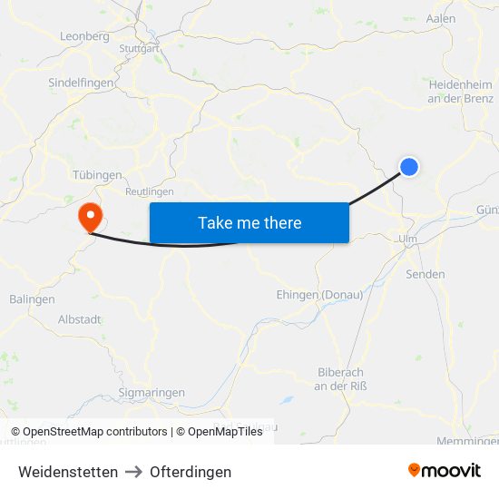 Weidenstetten to Ofterdingen map