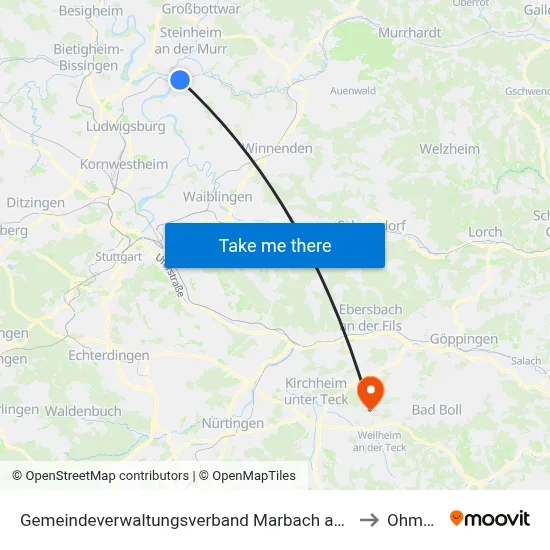 Gemeindeverwaltungsverband Marbach am Neckar to Ohmden map