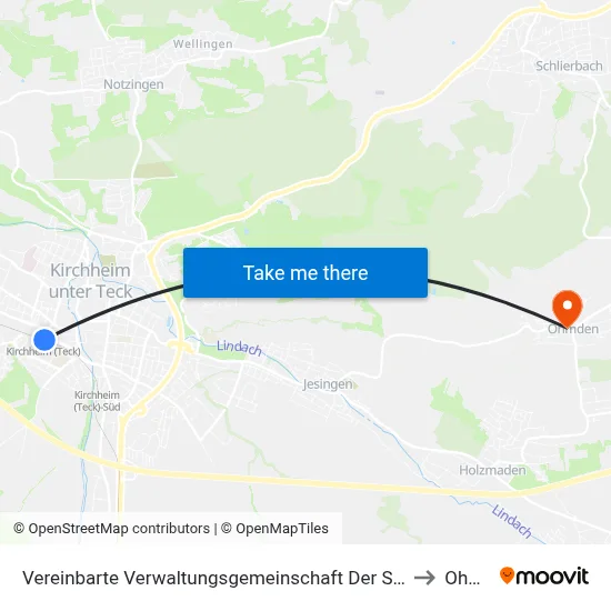 Vereinbarte Verwaltungsgemeinschaft Der Stadt Kirchheim Unter Teck to Ohmden map
