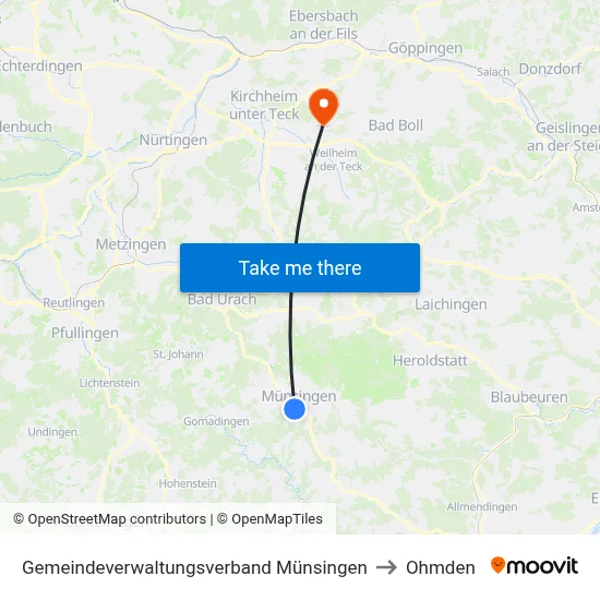 Gemeindeverwaltungsverband Münsingen to Ohmden map