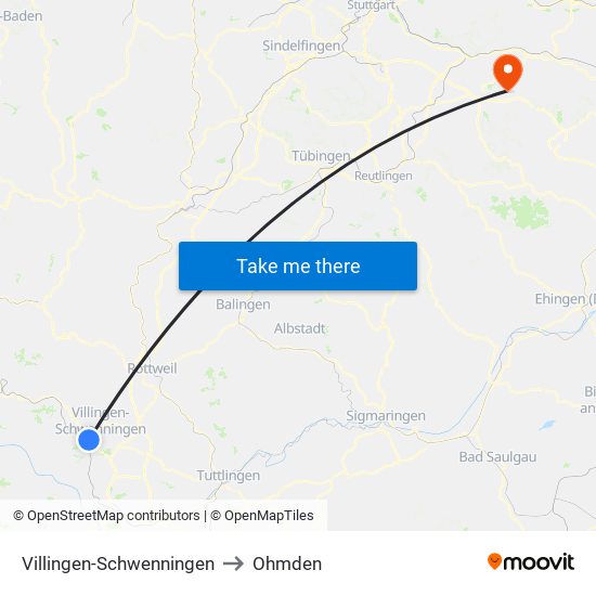 Villingen-Schwenningen to Ohmden map