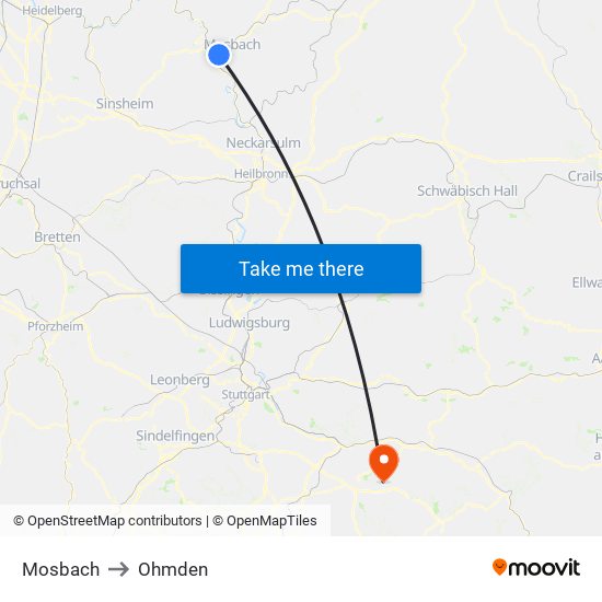 Mosbach to Ohmden map