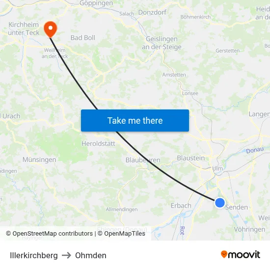 Illerkirchberg to Ohmden map