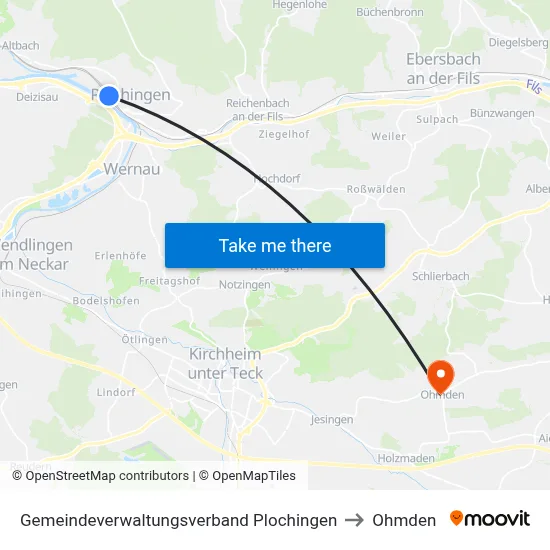 Gemeindeverwaltungsverband Plochingen to Ohmden map