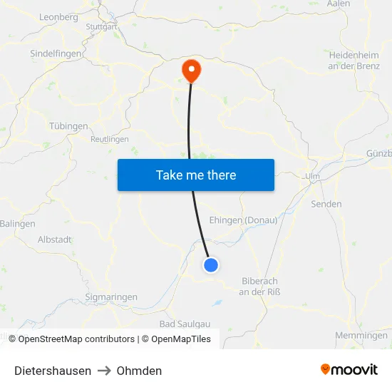 Dietershausen to Ohmden map