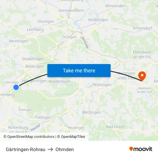 Gärtringen-Rohrau to Ohmden map