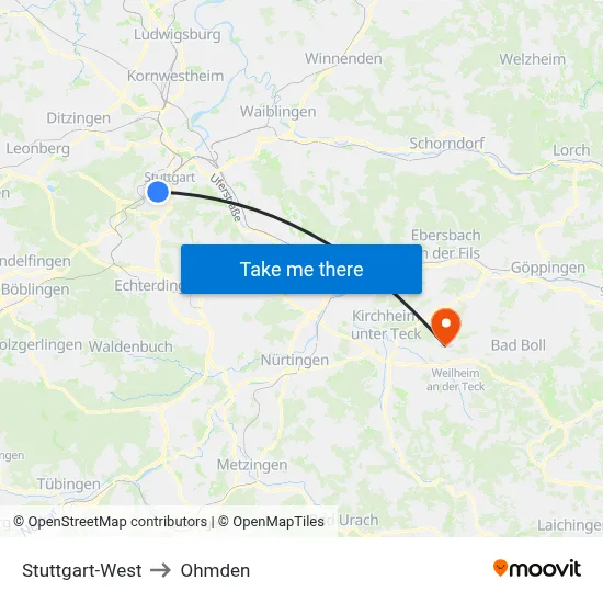 Stuttgart-West to Ohmden map
