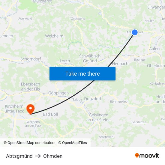 Abtsgmünd to Ohmden map