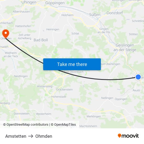 Amstetten to Ohmden map