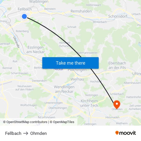 Fellbach to Ohmden map