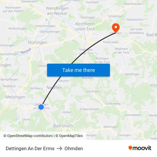 Dettingen An Der Erms to Ohmden map