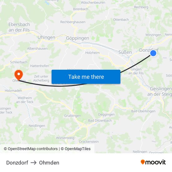 Donzdorf to Ohmden map