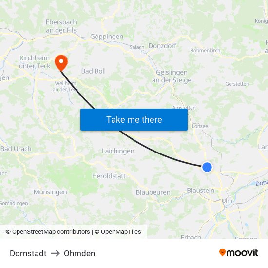 Dornstadt to Ohmden map
